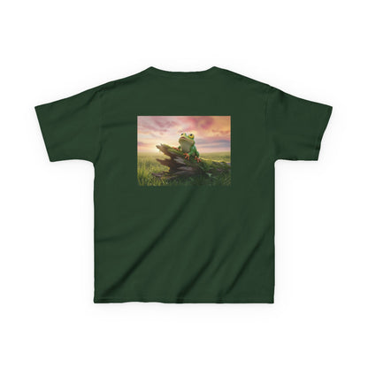 Kids Farley the Frog Tee — Cute Wide‑Eyed Frog Graphic T-Shirt (Front Face + Back Meadow Scene)