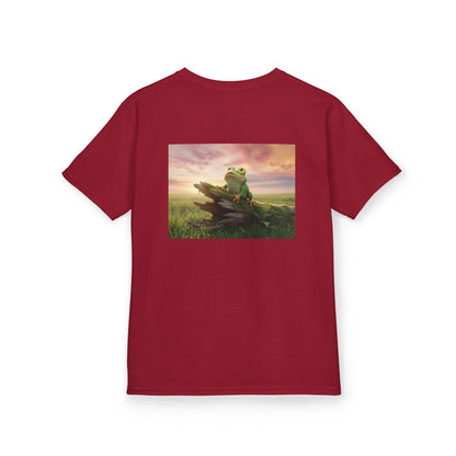 Kids Farley the Frog Tee — Cute Wide‑Eyed Frog Graphic T-Shirt (Front Face + Back Meadow Scene)