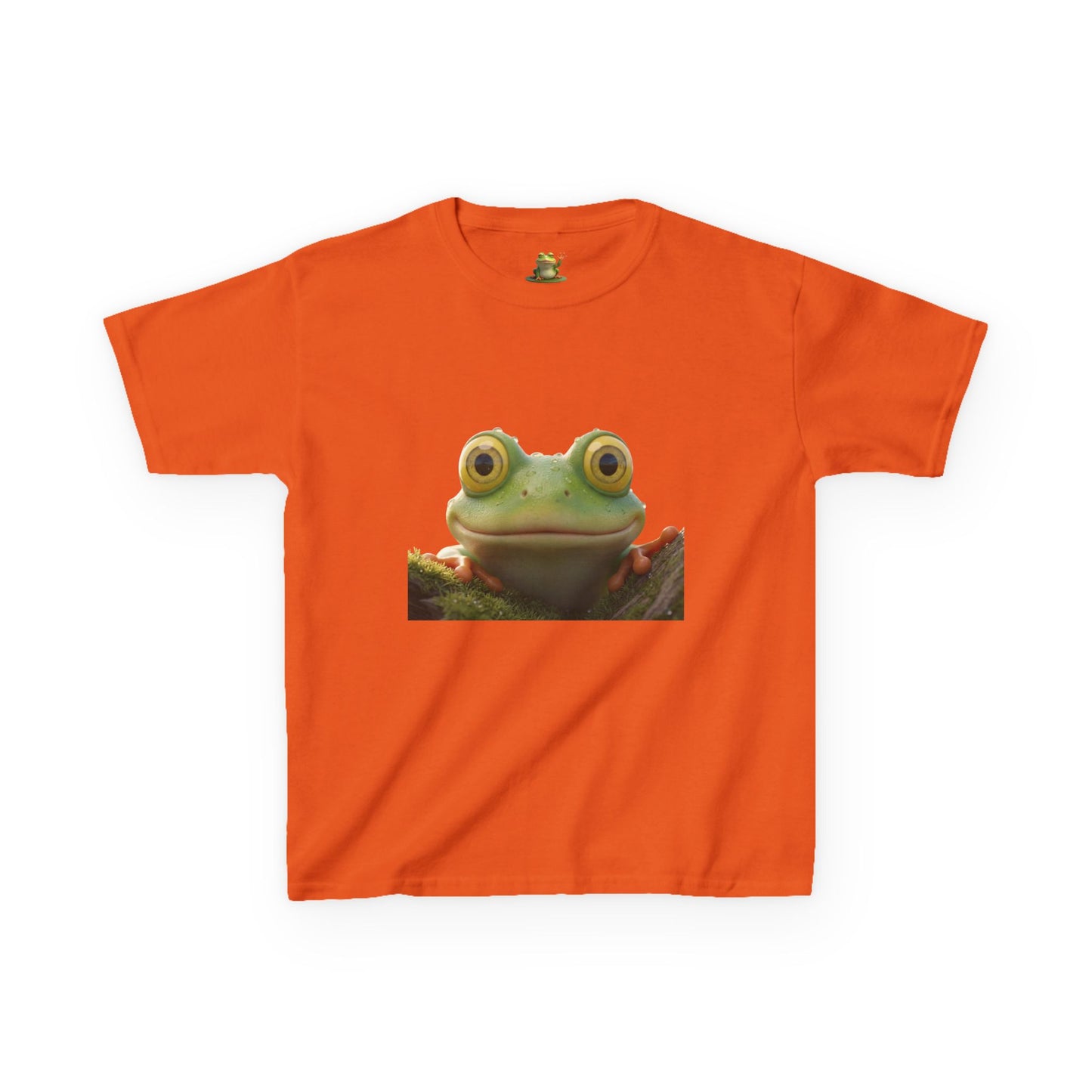 Kids Farley the Frog Tee — Cute Wide‑Eyed Frog Graphic T-Shirt (Front Face + Back Meadow Scene)