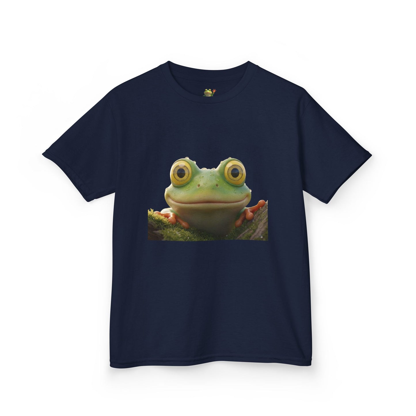 Kids Farley the Frog Tee — Cute Wide‑Eyed Frog Graphic T-Shirt (Front Face + Back Meadow Scene)