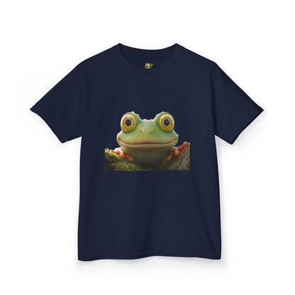 Kids Farley the Frog Tee — Cute Wide‑Eyed Frog Graphic T-Shirt (Front Face + Back Meadow Scene)