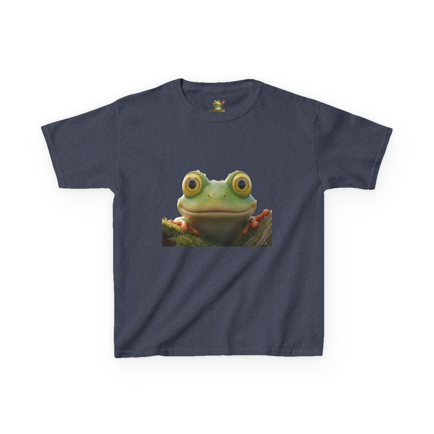 Kids Farley the Frog Tee — Cute Wide‑Eyed Frog Graphic T-Shirt (Front Face + Back Meadow Scene)