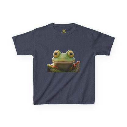 Kids Farley the Frog Tee — Cute Wide‑Eyed Frog Graphic T-Shirt (Front Face + Back Meadow Scene)