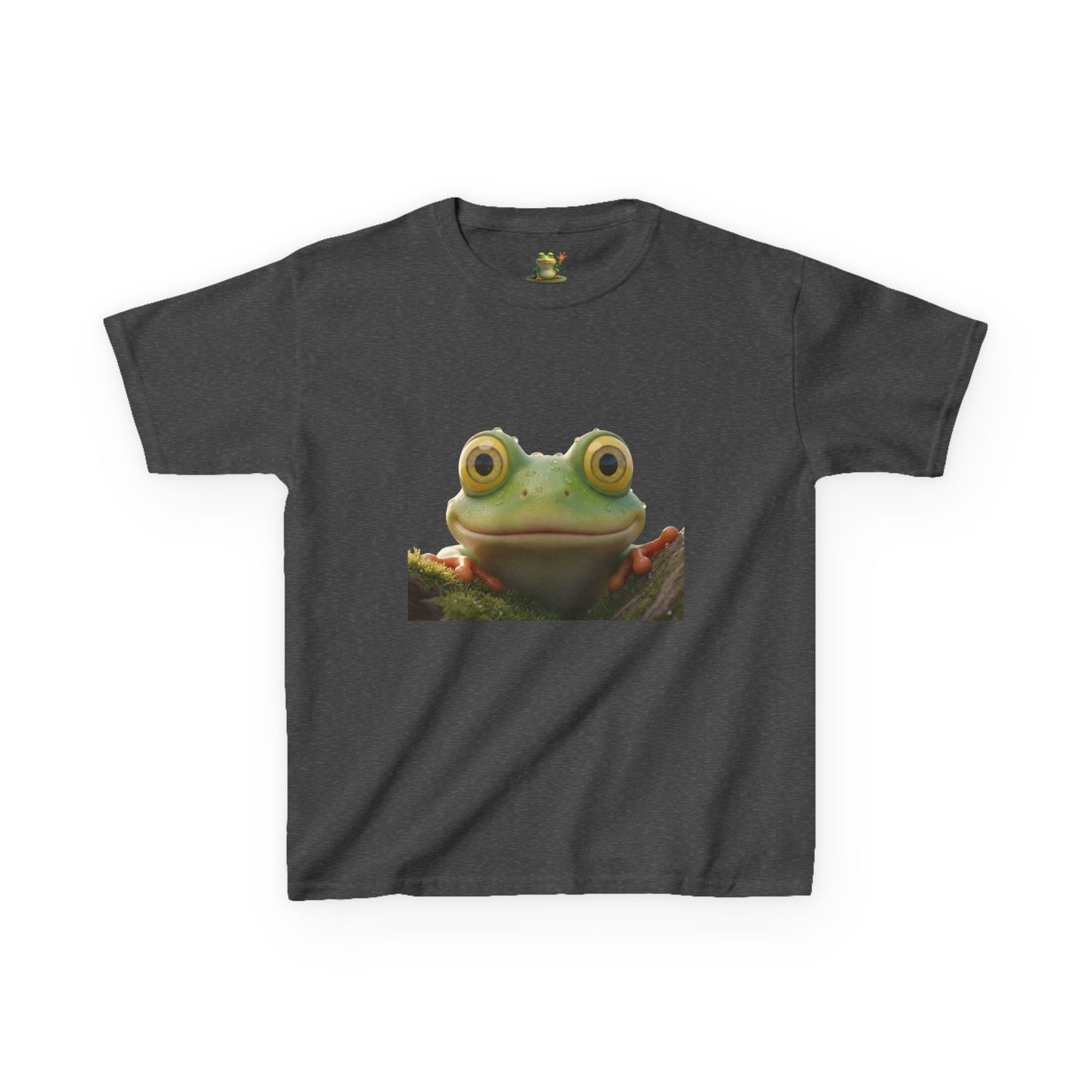 Kids Farley the Frog Tee — Cute Wide‑Eyed Frog Graphic T-Shirt (Front Face + Back Meadow Scene)