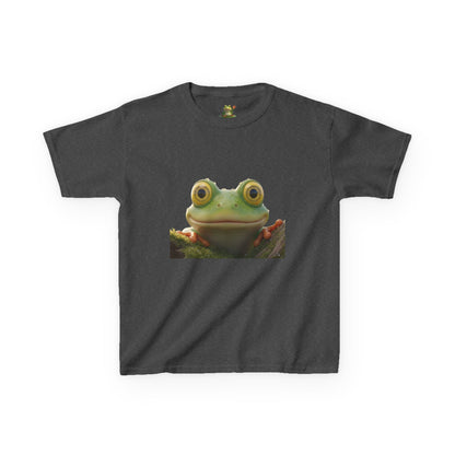 Kids Farley the Frog Tee — Cute Wide‑Eyed Frog Graphic T-Shirt (Front Face + Back Meadow Scene)