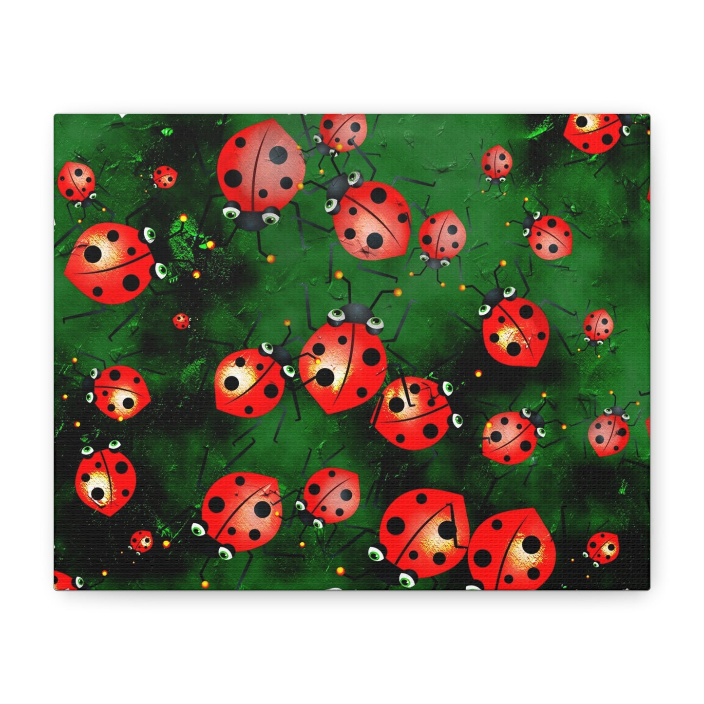 Ladybug Garden Canvas Print — Whimsical Red Ladybugs on Green Background, Stretched Matte Wall Art