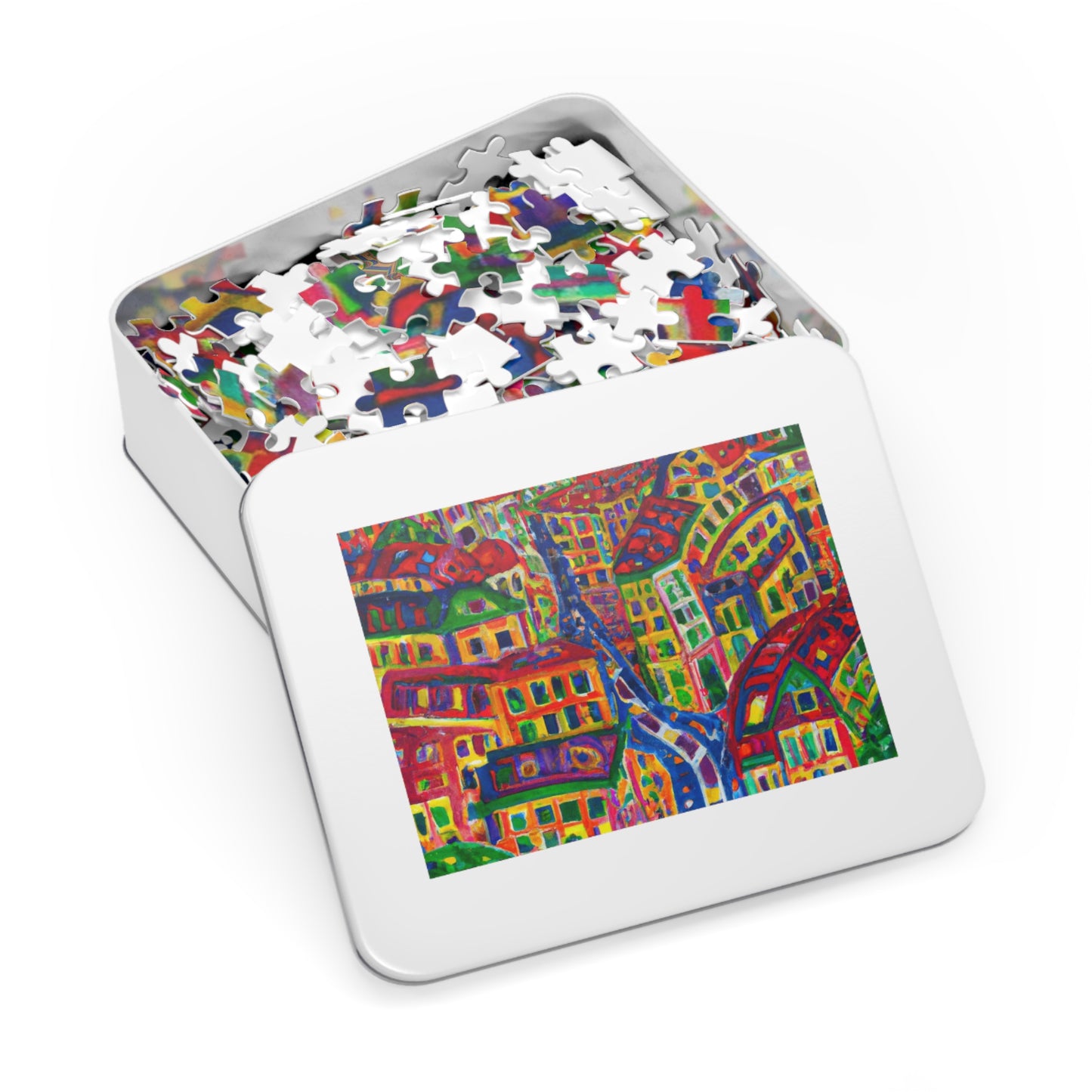 Cityscape Jigsaw Puzzle (Tin) — Colorful Abstract Village Puzzle for Adults & Kids