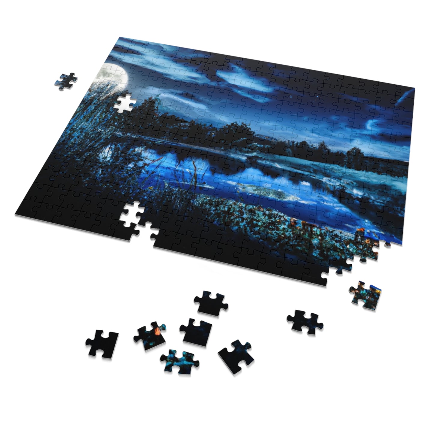 Moonlit Lake Jigsaw Puzzle with Tin – 110/252/500/1000-Piece Scenic Nightscape Gift