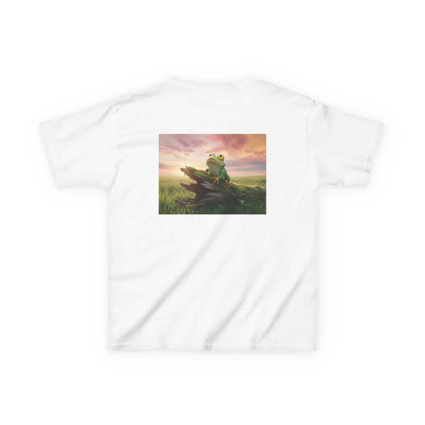 Kids Farley the Frog Tee — Cute Wide‑Eyed Frog Graphic T-Shirt (Front Face + Back Meadow Scene)