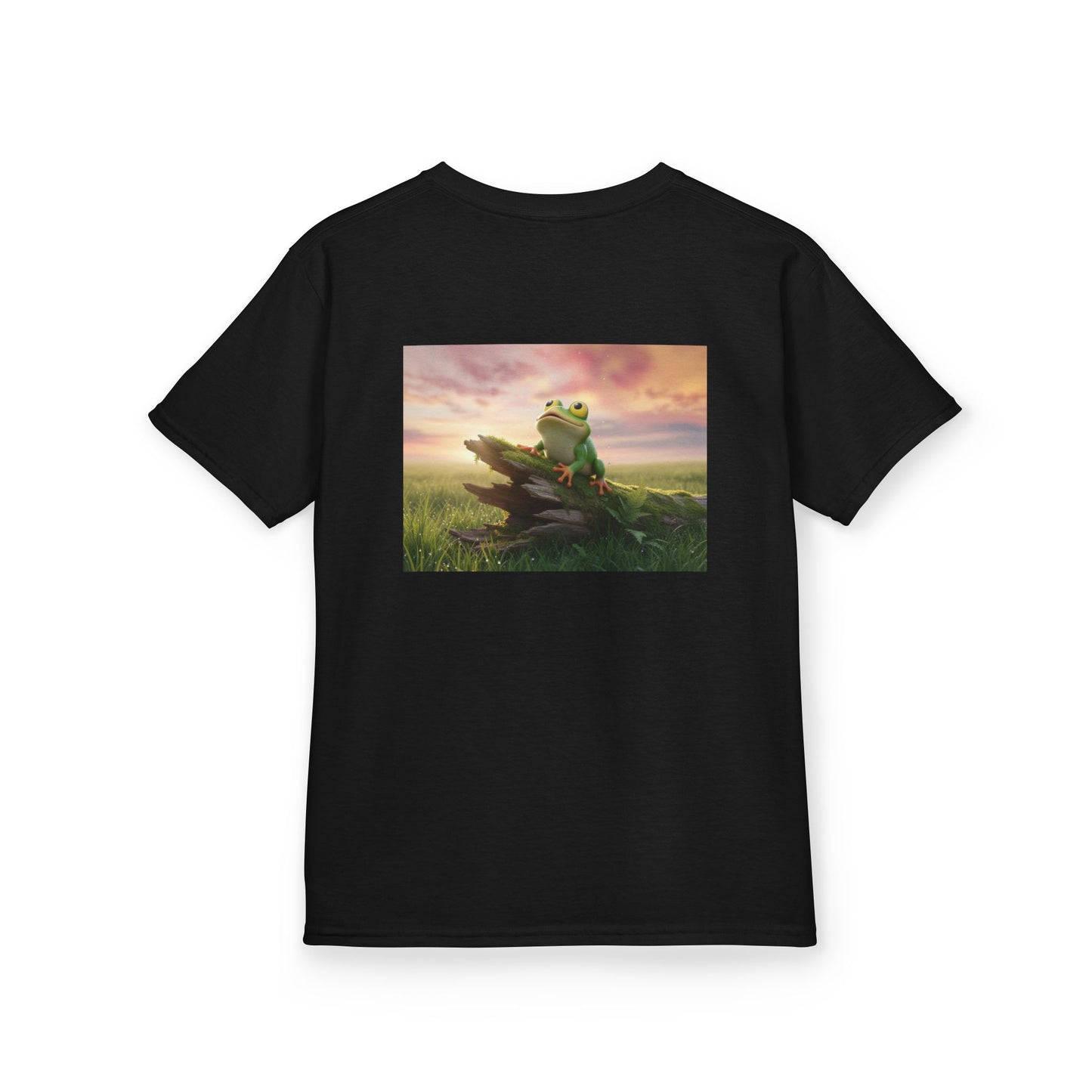 Kids Farley the Frog Tee — Cute Wide‑Eyed Frog Graphic T-Shirt (Front Face + Back Meadow Scene)