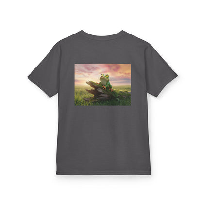 Kids Farley the Frog Tee — Cute Wide‑Eyed Frog Graphic T-Shirt (Front Face + Back Meadow Scene)