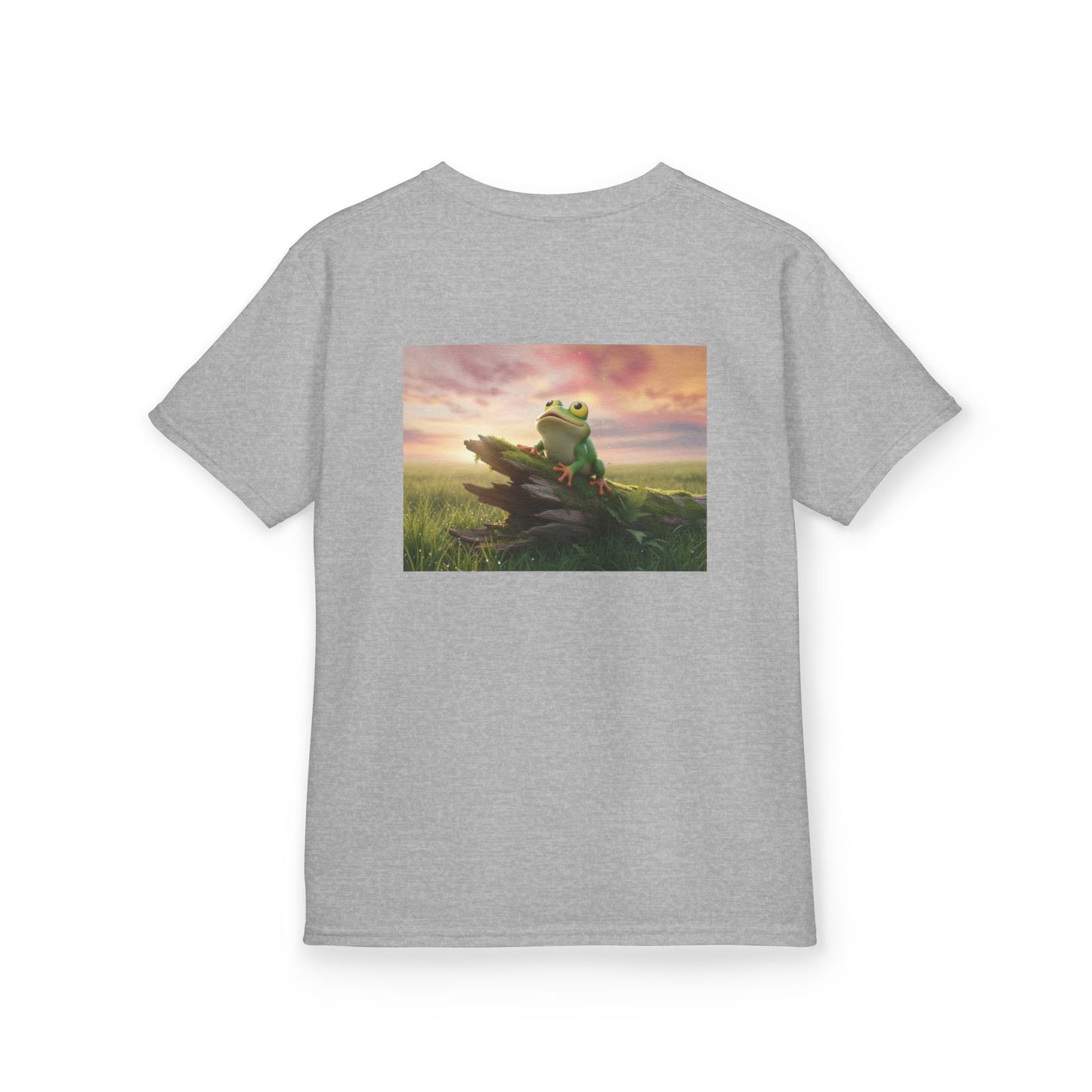 Kids Farley the Frog Tee — Cute Wide‑Eyed Frog Graphic T-Shirt (Front Face + Back Meadow Scene)