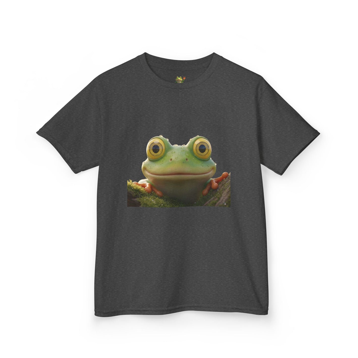 Kids Farley the Frog Tee — Cute Wide‑Eyed Frog Graphic T-Shirt (Front Face + Back Meadow Scene)
