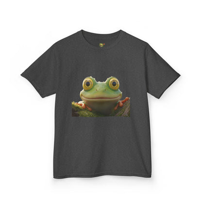 Kids Farley the Frog Tee — Cute Wide‑Eyed Frog Graphic T-Shirt (Front Face + Back Meadow Scene)