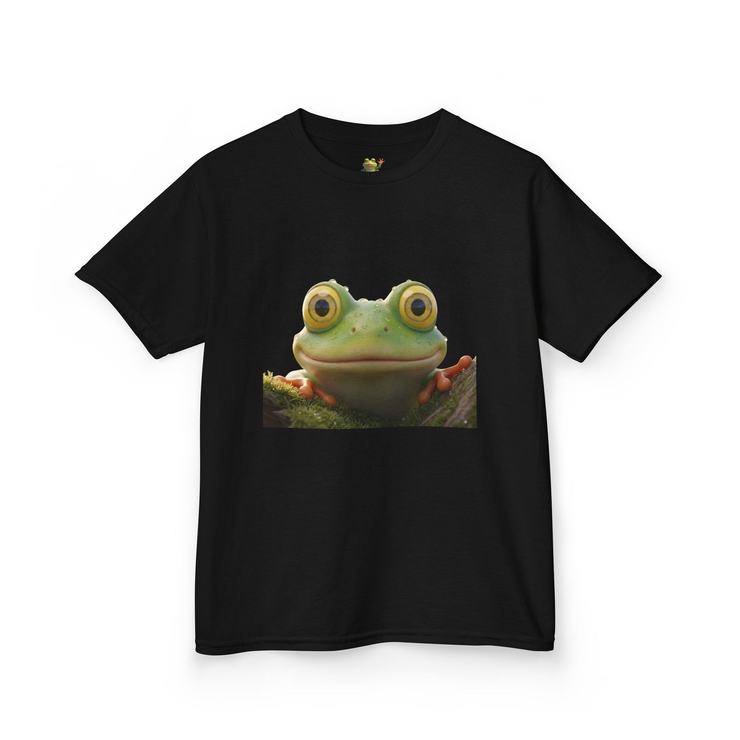 Kids Farley the Frog Tee — Cute Wide‑Eyed Frog Graphic T-Shirt (Front Face + Back Meadow Scene)