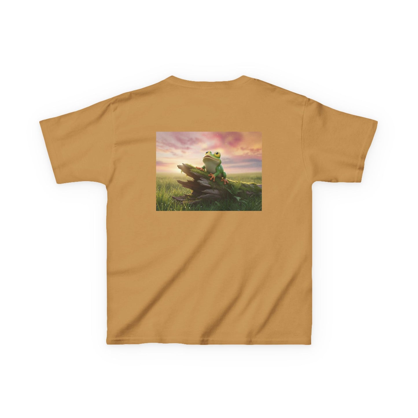 Kids Farley the Frog Tee — Cute Wide‑Eyed Frog Graphic T-Shirt (Front Face + Back Meadow Scene)