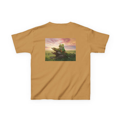 Kids Farley the Frog Tee — Cute Wide‑Eyed Frog Graphic T-Shirt (Front Face + Back Meadow Scene)
