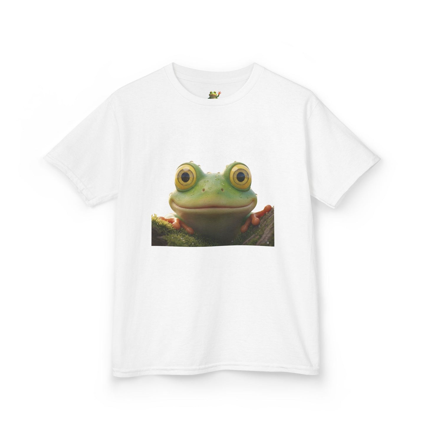 Kids Farley the Frog Tee — Cute Wide‑Eyed Frog Graphic T-Shirt (Front Face + Back Meadow Scene)
