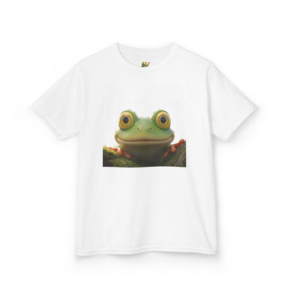Kids Farley the Frog Tee — Cute Wide‑Eyed Frog Graphic T-Shirt (Front Face + Back Meadow Scene)