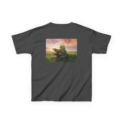 Kids Farley the Frog Tee — Cute Wide‑Eyed Frog Graphic T-Shirt (Front Face + Back Meadow Scene)