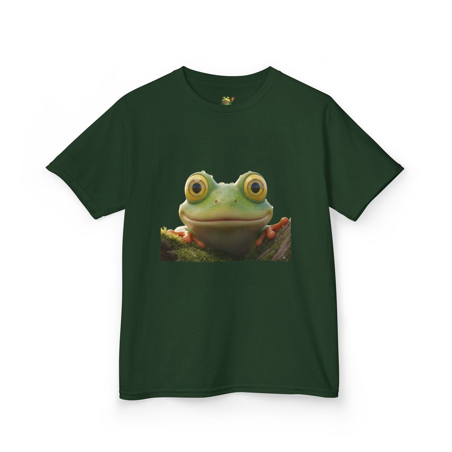 Kids Farley the Frog Tee — Cute Wide‑Eyed Frog Graphic T-Shirt (Front Face + Back Meadow Scene)