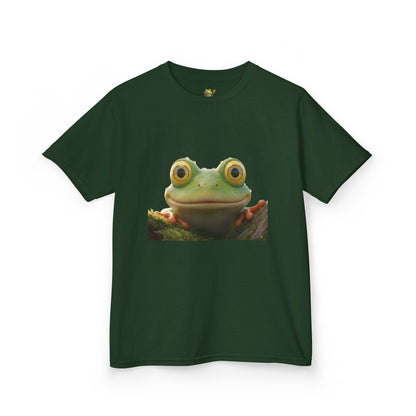 Kids Farley the Frog Tee — Cute Wide‑Eyed Frog Graphic T-Shirt (Front Face + Back Meadow Scene)
