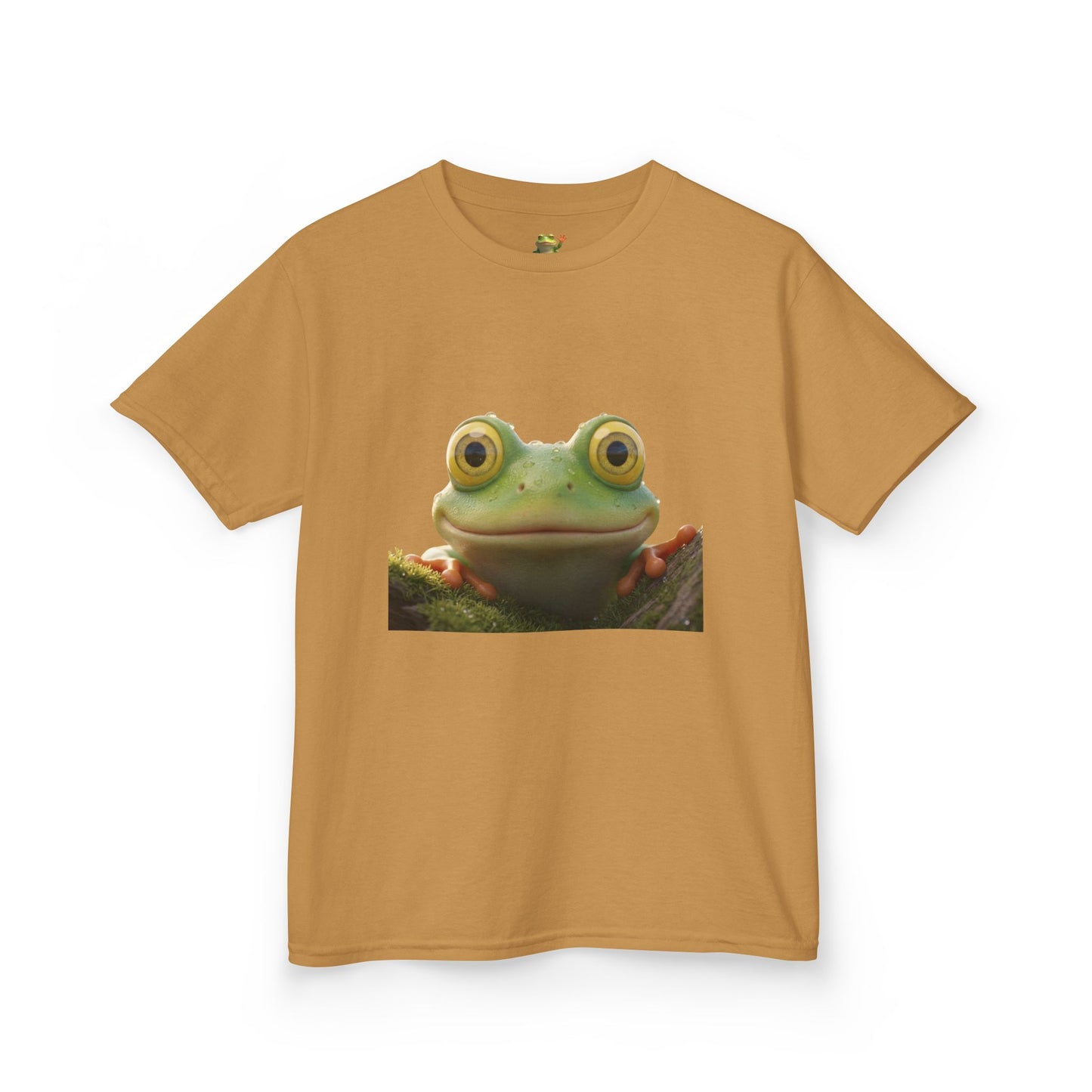 Kids Farley the Frog Tee — Cute Wide‑Eyed Frog Graphic T-Shirt (Front Face + Back Meadow Scene)