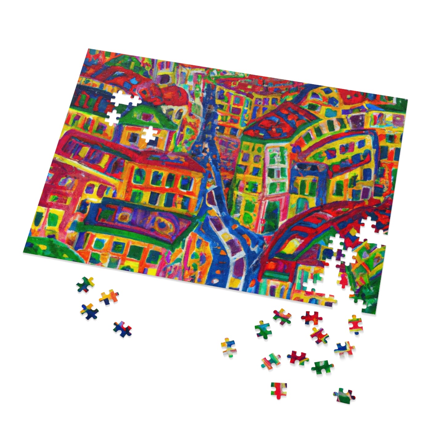 Cityscape Jigsaw Puzzle (Tin) — Colorful Abstract Village Puzzle for Adults & Kids