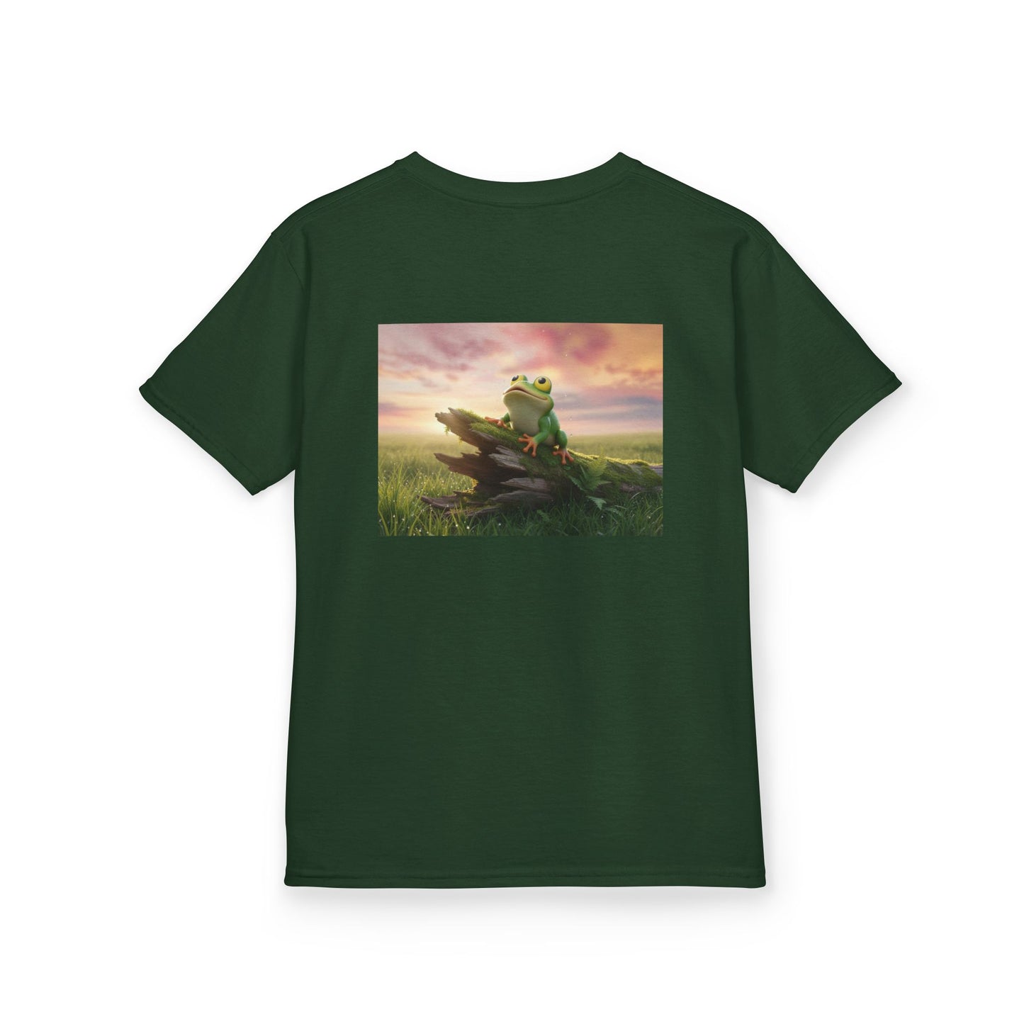 Kids Farley the Frog Tee — Cute Wide‑Eyed Frog Graphic T-Shirt (Front Face + Back Meadow Scene)