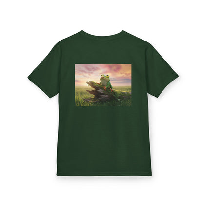 Kids Farley the Frog Tee — Cute Wide‑Eyed Frog Graphic T-Shirt (Front Face + Back Meadow Scene)