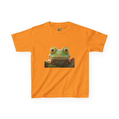 Kids Farley the Frog Tee — Cute Wide‑Eyed Frog Graphic T-Shirt (Front Face + Back Meadow Scene)