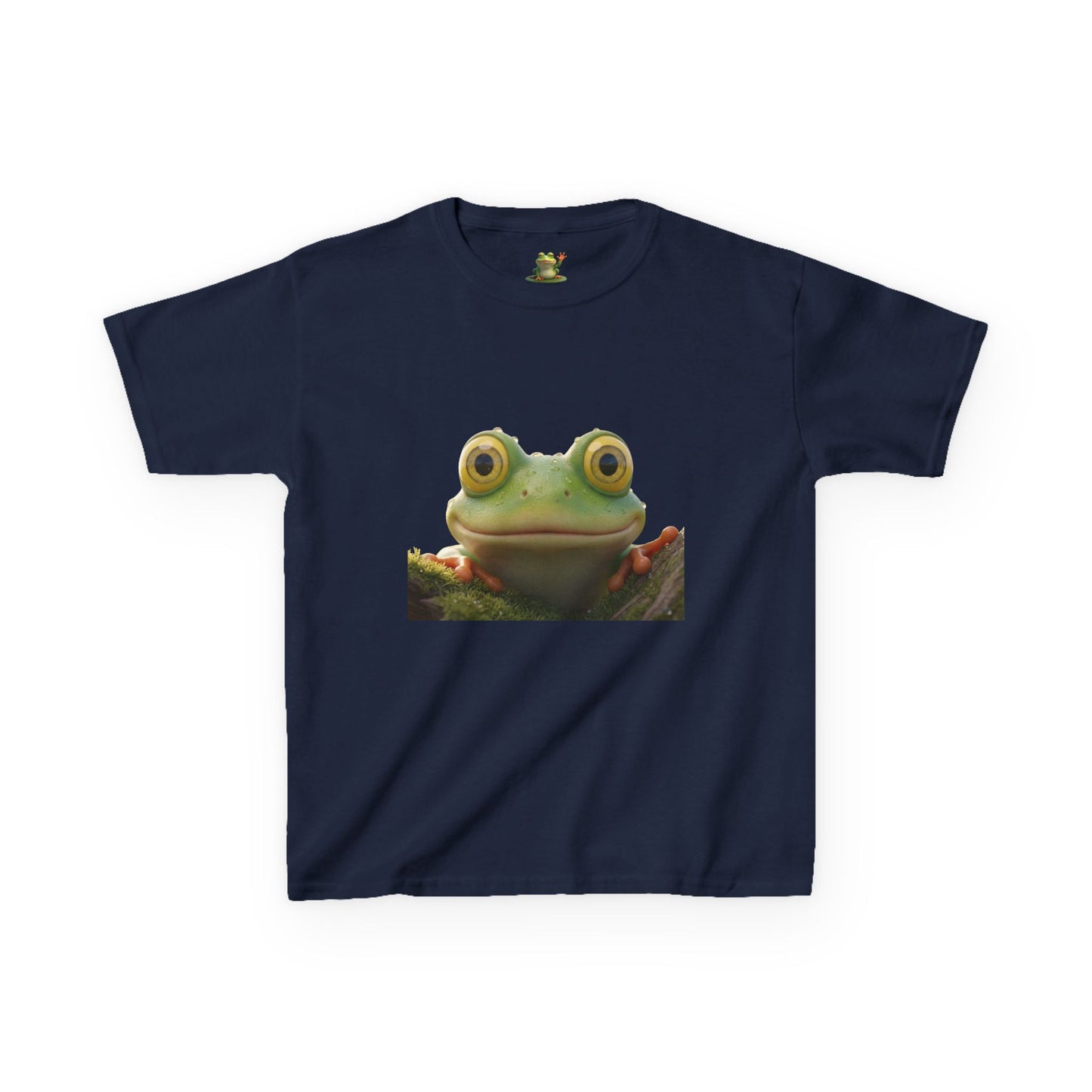 Kids Farley the Frog Tee — Cute Wide‑Eyed Frog Graphic T-Shirt (Front Face + Back Meadow Scene)