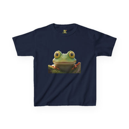 Kids Farley the Frog Tee — Cute Wide‑Eyed Frog Graphic T-Shirt (Front Face + Back Meadow Scene)