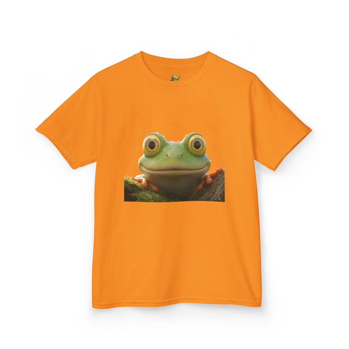 Kids Farley the Frog Tee — Cute Wide‑Eyed Frog Graphic T-Shirt (Front Face + Back Meadow Scene)