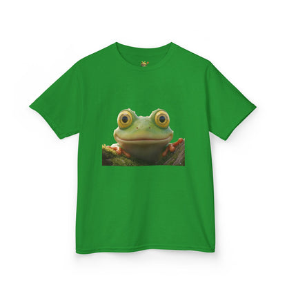 Kids Farley the Frog Tee — Cute Wide‑Eyed Frog Graphic T-Shirt (Front Face + Back Meadow Scene)