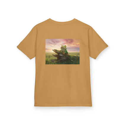 Kids Farley the Frog Tee — Cute Wide‑Eyed Frog Graphic T-Shirt (Front Face + Back Meadow Scene)