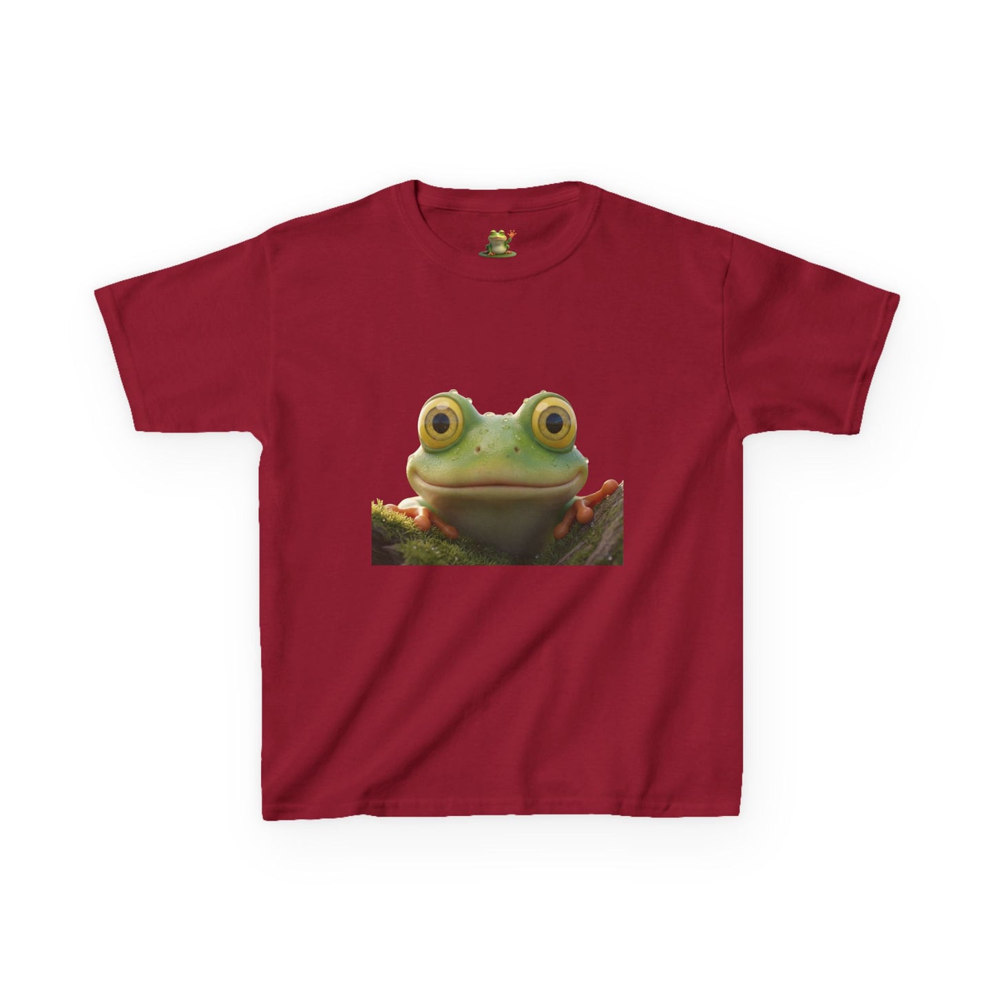 Kids Farley the Frog Tee — Cute Wide‑Eyed Frog Graphic T-Shirt (Front Face + Back Meadow Scene)