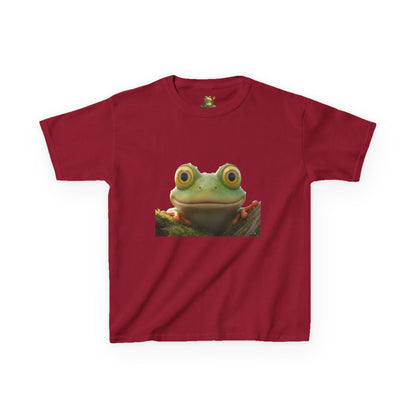 Kids Farley the Frog Tee — Cute Wide‑Eyed Frog Graphic T-Shirt (Front Face + Back Meadow Scene)